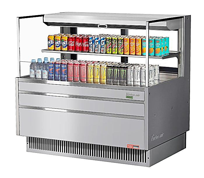 Turbo Air TOM-48L-UFD-S-2S-N 46 3/4" Stainless Steel Low Profile Horizontal Open Air Cooler w/ (2) Levels – Ultra Front Deluxe Merchandiser, 115v - Donut-Equipment.com