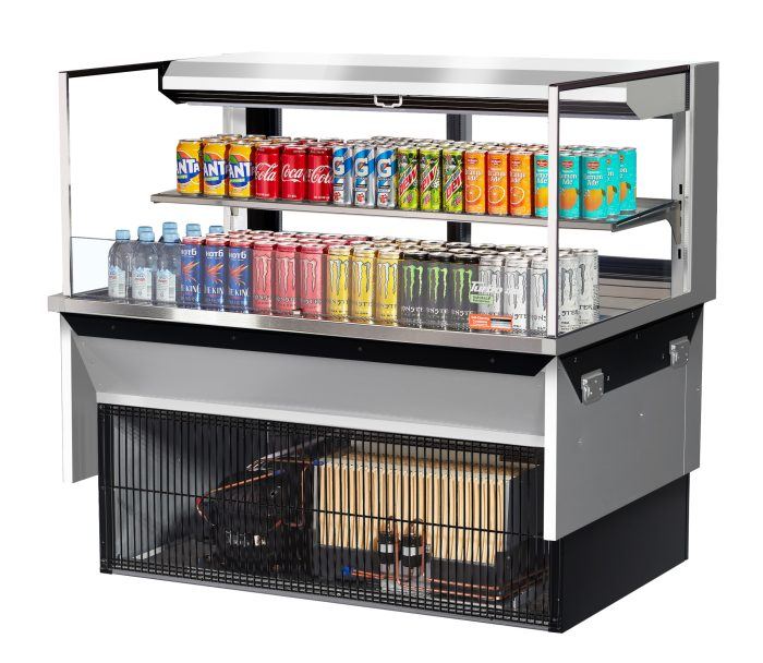 Turbo Air TOM-48L-UFD-S-2SI-N 48" Drop-In Horizontal Open Air Cooler w/ (2) Levels – Stainless Steel Exterior, 115v - Bakery Wholesalers