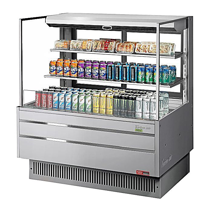 Turbo Air TOM-48L-UFD-S-3S-N 46 3/4" Stainless Steel Low Profile Horizontal Open Air Cooler w/ (3) Levels – Ultra Front Deluxe Merchandiser, 115v - Donut-Equipment.com