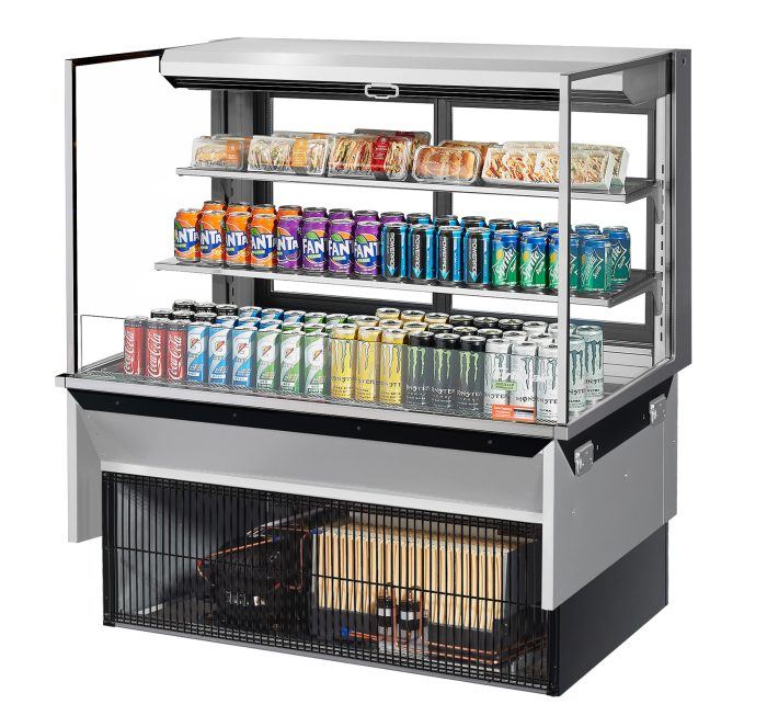 Turbo Air TOM-48L-UFD-S-3SI-N 48" Drop-In Horizontal Open Air Cooler w/ (3) Levels – Stainless Steel Exterior, 115v - Bakery Wholesalers