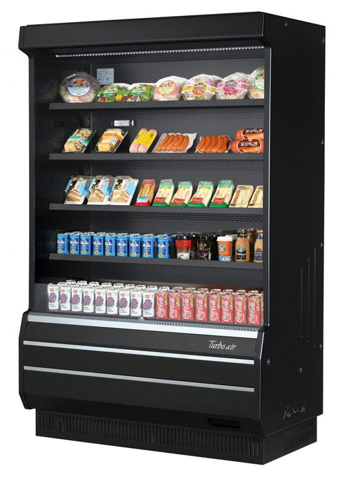 Turbo Air TOM-50B-SP-N 51" Vertical Open Air Cooler w/ (5) Levels – Black Exterior, Solid Side Panels, 115v - Bakery Wholesalers