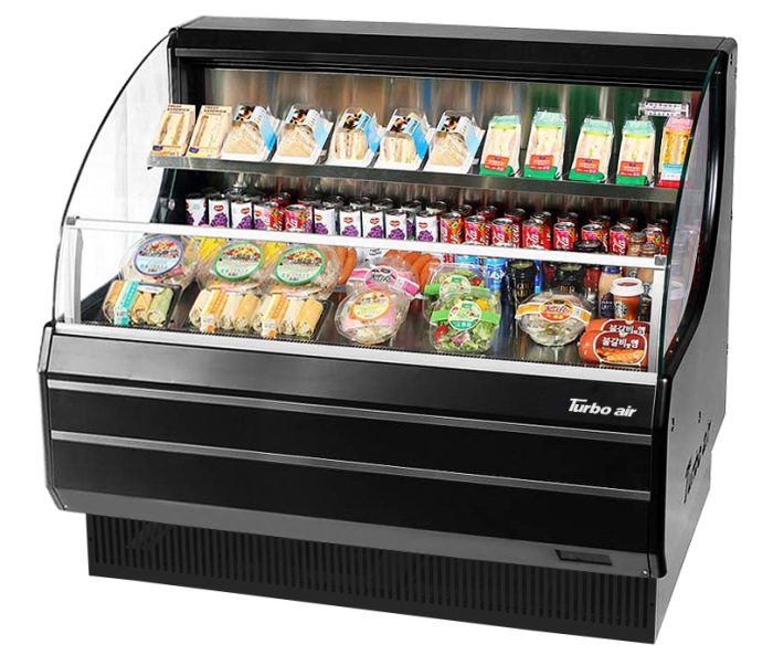 Turbo Air TOM-50LB-N 50" Horizontal Open Air Cooler w/ (2) Levels – Low Profile, Black Exterior, 115v - Bakery Wholesalers