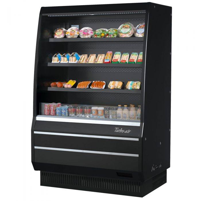 Turbo Air TOM-50MB-SP-N 50 7/8" Vertical Open Air Cooler w/ (4) Levels – Black Exterior, 115v - Bakery Wholesalers