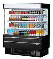 Turbo Air TOM-50MSEB-N 51 1/8" Black Narrow Depth Vertical Open Air Cooler / Air Curtain Display Case with (4) Levels, 115v - Donut-Equipment.com