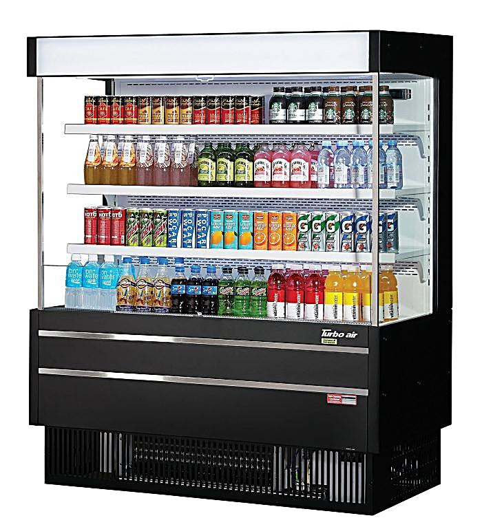 Turbo Air TOM-50MSEB-N 51 1/8" Black Narrow Depth Vertical Open Air Cooler / Air Curtain Display Case with (4) Levels, 115v - Donut-Equipment.com