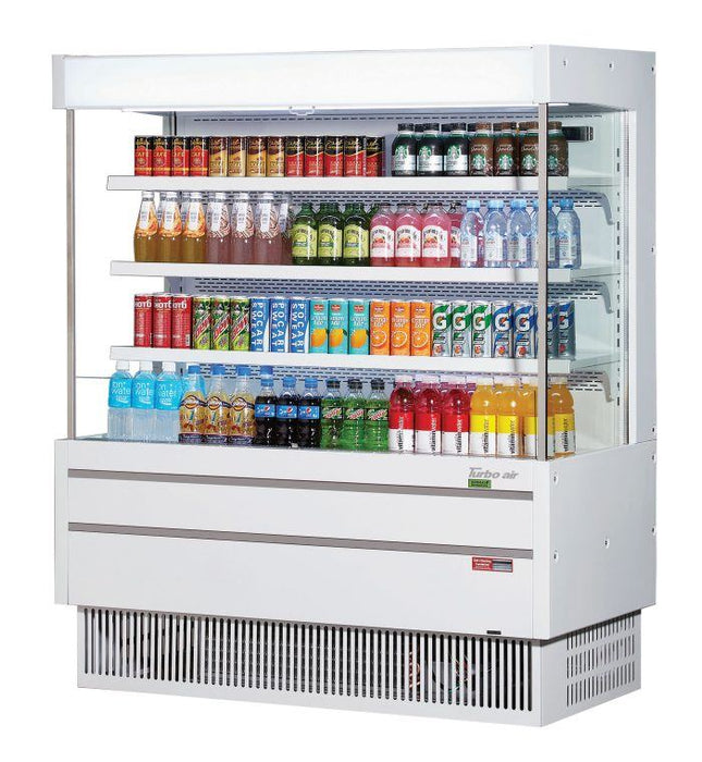 Turbo Air TOM-50MSEW-N 51 1/8" White Narrow Depth Vertical Open Air Cooler / Air Curtain Display Case with (4) Levels, 115v - Bakery Wholesalers