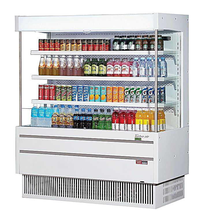 Turbo Air TOM-50MSEW-N 51 1/8" White Narrow Depth Vertical Open Air Cooler / Air Curtain Display Case with (4) Levels, 115v - Donut-Equipment.com