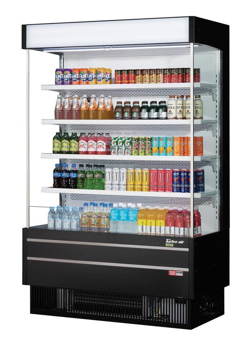 Turbo Air TOM-50SEB-N 51 5/8" Black Narrow Depth Vertical Open Air Cooler / Air Curtain Display Case with (5) Levels, 115v - Bakery Wholesalers