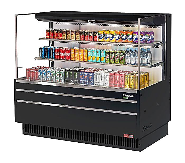 Turbo Air TOM-60L-UF-B-3S-N 58 3/4" Black Low Profile Horizontal Open Air Cooler w/ (3) Levels – Ultra Front Merchandiser, 115v - Donut-Equipment.com
