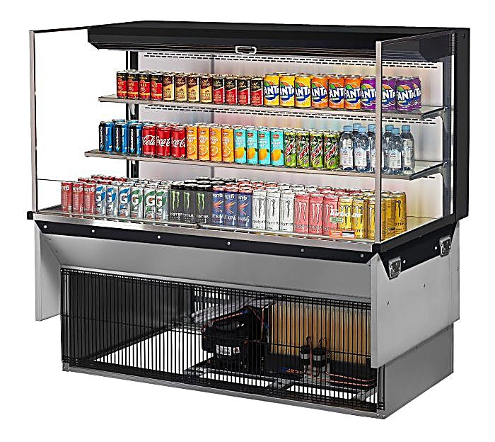 Turbo Air TOM-60L-UF-B-3SI-N 59 7/8" Drop-In Horizontal Open Air Cooler w/ (3) Levels – Black Exterior, 115v - Donut-Equipment.com