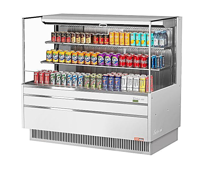 Turbo Air TOM-60L-UF-W-3S-N 58 3/4" White Low Profile Horizontal Open Air Cooler w/ (3) Levels – Ultra Front Merchandiser, 115v - Donut-Equipment.com
