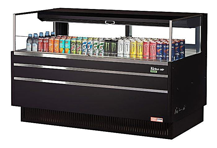 Turbo Air TOM-60L-UFD-B-1S-N 58 3/4" Black Low Profile Horizontal Open Air Cooler w/ (1) Level – Ultra Front Deluxe Merchandiser, 115v - Donut-Equipment.com