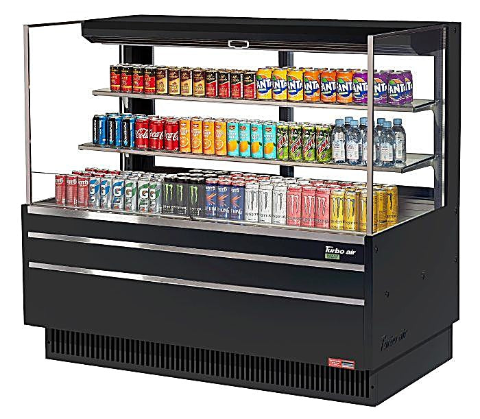 Turbo Air TOM-60L-UFD-B-3S-N 58 3/4" Black Low Profile Horizontal Open Air Cooler w/ (3) Levels – Ultra Front Deluxe Merchandiser, 115v - Donut-Equipment.com