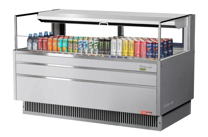 Turbo Air TOM-60L-UFD-S-1S-N 58 3/4" Stainless Steel Low Profile Horizontal Open Air Cooler w/ (1) Level – Ultra Front Deluxe Merchandiser, 115v - Bakery Wholesalers