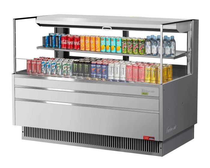 Turbo Air TOM-60L-UFD-S-2S-N 58 3/4" Stainless Steel Low Profile Horizontal Open Air Cooler w/ (2) Levels – Ultra Front Deluxe Merchandiser, 115v - Bakery Wholesalers
