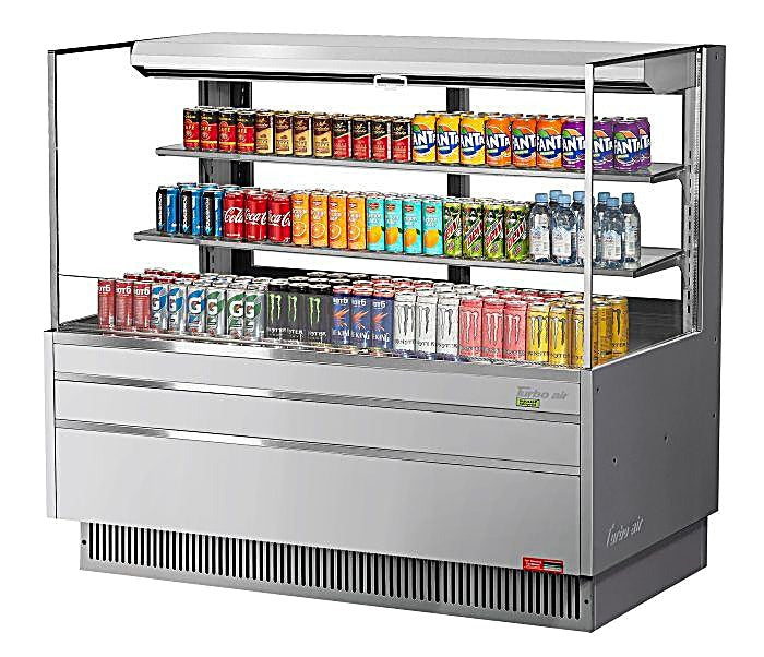 Turbo Air TOM-60L-UFD-S-3S-N 58 3/4" Stainless Steel Low Profile Horizontal Open Air Cooler w/ (3) Levels – Ultra Front Deluxe Merchandiser, 115v - Donut-Equipment.com