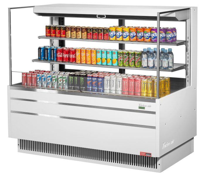 Turbo Air TOM-60L-UFD-W-3S-N 58 3/4"  White Low Profile Horizontal Open Air Cooler w/ (3) Levels – Ultra Front Deluxe Merchandiser, 115v - Donut-Equipment.com