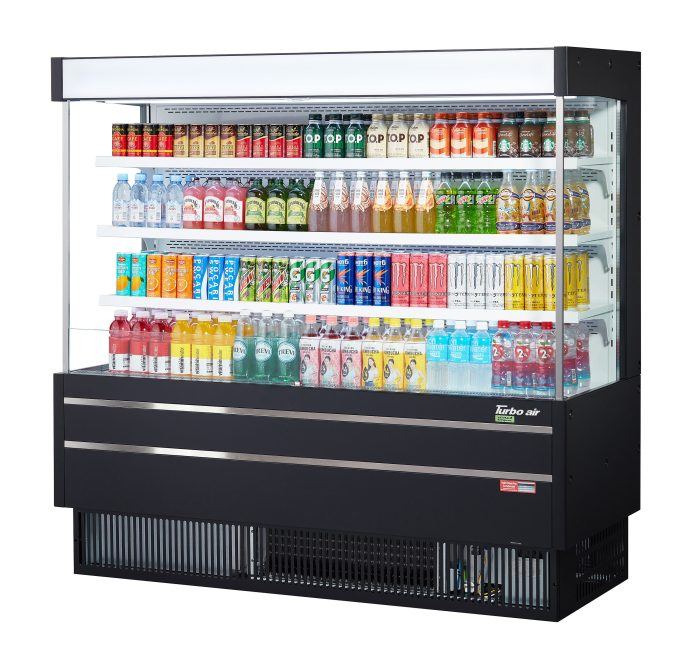 Turbo Air TOM-60MSEB-N 63 1/4" Black Narrow Depth Vertical Open Air Cooler / Air Curtain Display Case with (4) Levels, 115v - Bakery Wholesalers