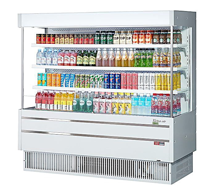 Turbo Air TOM-60MSEW-N 63 1/4" White Narrow Depth Vertical Open Air Cooler / Air Curtain Display Case with (4) Levels, 115v - Donut-Equipment.com