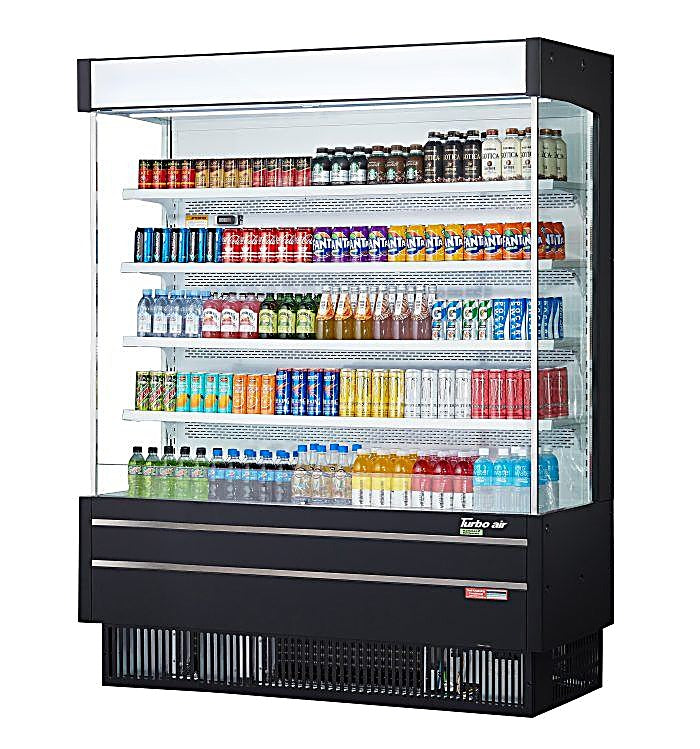 Turbo Air TOM-60SEB-N 64" Black Narrow Depth Vertical Open Air Cooler / Air Curtain Display Case with (5) Levels, 115v - Donut-Equipment.com