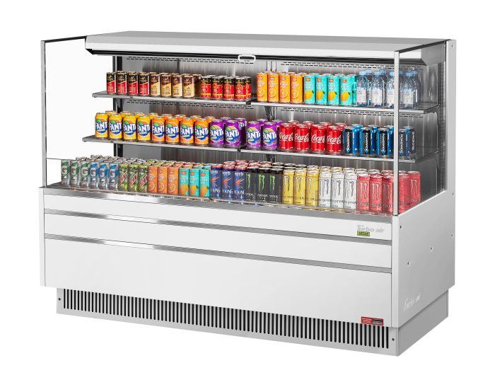 Turbo Air TOM-72L-UF-W-3S-N 70 3/4" White Low Profile Horizontal Open Air Cooler w/ (3) Levels – Ultra Front Merchandiser, 220v/1ph - Bakery Wholesalers