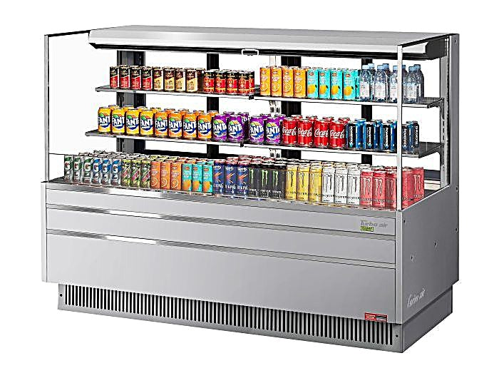 Turbo Air TOM-72L-UFD-S-3S-N 70 3/4" Stainless Steel Low Profile Horizontal Open Air Cooler w/ (3) Levels – Ultra Front Deluxe Merchandiser, 220v/1ph - Donut-Equipment.com