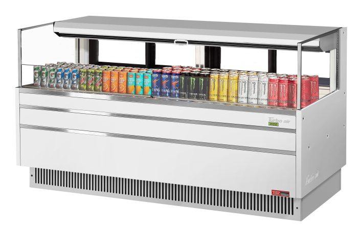 Turbo Air TOM-72L-UFD-W-1S-N 70 3/4" White Low Profile Horizontal Open Air Cooler w/ (1) Level – Ultra Front Deluxe Merchandiser, 220v/1ph - Bakery Wholesalers