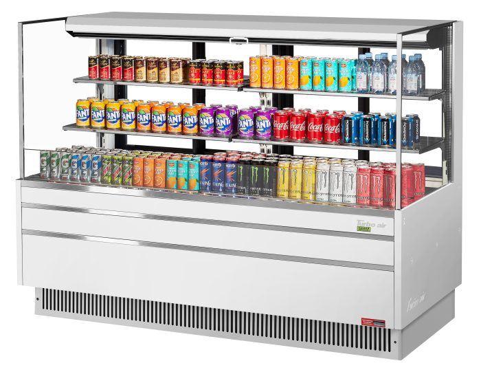 Turbo Air TOM-72L-UFD-W-3S-N 70 3/4" White Low Profile Horizontal Open Air Cooler w/ (3) Levels – Ultra Front Deluxe Merchandiser, 220v/1ph - Bakery Wholesalers