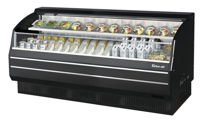Turbo Air TOM-75LB-SP-N 75 3/4" Black Low Profile Horizontal Open Air Cooler – Refrigerated Merchandiser w/ (2) Levels, 115v - Bakery Wholesalers