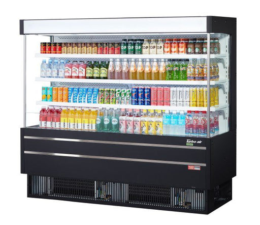 Turbo Air TOM-75MSEB-N 75 1/2" Black Narrow Depth Vertical Open Air Cooler / Air Curtain Display Case with (4) Levels, 220v - Bakery Wholesalers