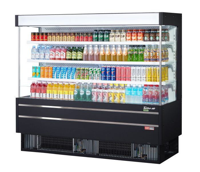 Turbo Air TOM-75MSEB-N 75 1/2" Black Narrow Depth Vertical Open Air Cooler / Air Curtain Display Case with (4) Levels, 220v - Bakery Wholesalers