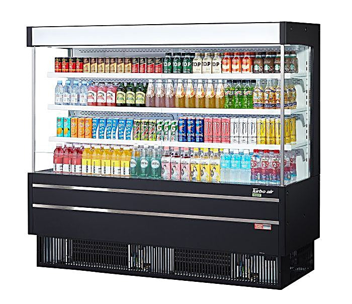 Turbo Air TOM-75MSEB-N 75 1/2" Black Narrow Depth Vertical Open Air Cooler / Air Curtain Display Case with (4) Levels, 220v - Donut-Equipment.com