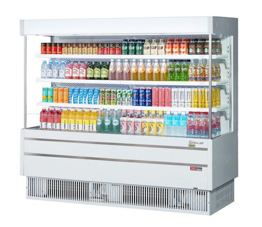 Turbo Air TOM-75MSEW-N 75 1/2" White Narrow Depth Vertical Open Air Cooler / Air Curtain Display Case with (4) Levels, 220v - Bakery Wholesalers
