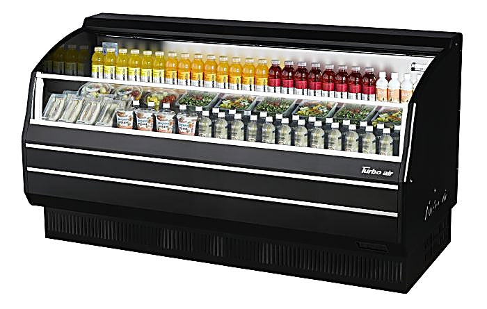 Turbo Air TOM-75SB-SP-N 75 3/4" Black Horizontal Open Air Cooler w/ (3) Levels, Stainless Steel Interior – Slim Line, 115v - Donut-Equipment.com