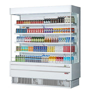 Turbo Air TOM-75SEW-N 76 1/2" White Narrow Depth Vertical Open Air Cooler / Air Curtain Display Case with (5) Levels, 220v/1ph - Donut-Equipment.com
