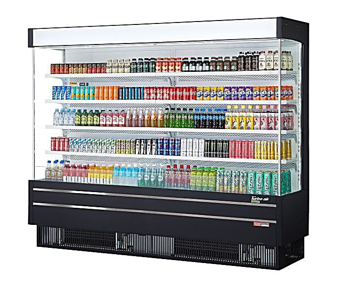 Turbo Air TOM-96SEB-N 100 1/8" Black Narrow Depth Vertical Open Air Cooler / Air Curtain Display Case with (5) Levels, 220v/1ph - Donut-Equipment.com