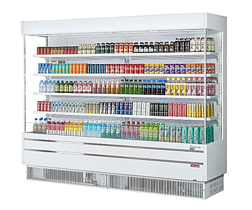 Turbo Air TOM-96SEW-N 100 1/8" White Narrow Depth Vertical Open Air Cooler / Air Curtain Display Case with (5) Levels, 220v/1ph - Donut-Equipment.com