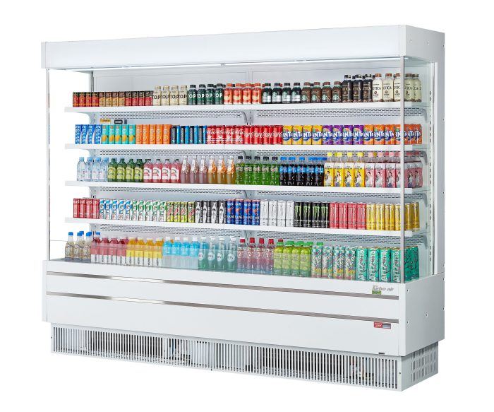 Turbo Air TOM-96SEW-N 100 1/8" White Narrow Depth Vertical Open Air Cooler / Air Curtain Display Case with (5) Levels, 220v/1ph - Bakery Wholesalers