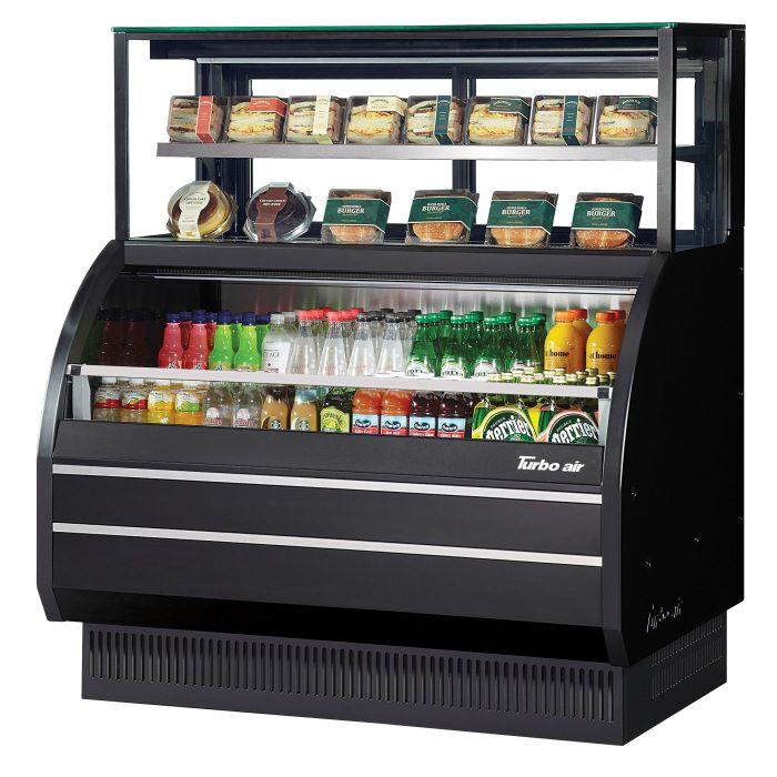 Turbo Air TOM-W-50SB-UF-N 50 7/8" Black Horizontal Open Air Cooler w/ (4) Levels – Ultra Front Display Merchandiser, 115v - Bakery Wholesalers