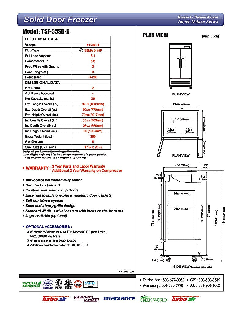 Turbo Air TSF-35SD-N Super Deluxe 40" Solid Door Reach In Freezer - Donut-Equipment.com
