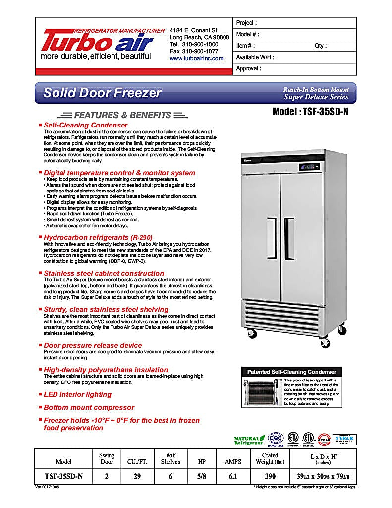 Turbo Air TSF-35SD-N Super Deluxe 40" Solid Door Reach In Freezer - Donut-Equipment.com