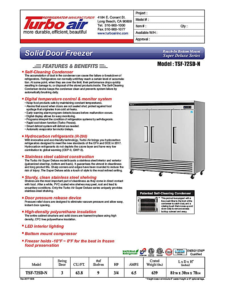 Turbo Air TSF-72SD-N Super Deluxe 82" Solid Door Reach-In Freezer with LED Lighting - Donut-Equipment.com