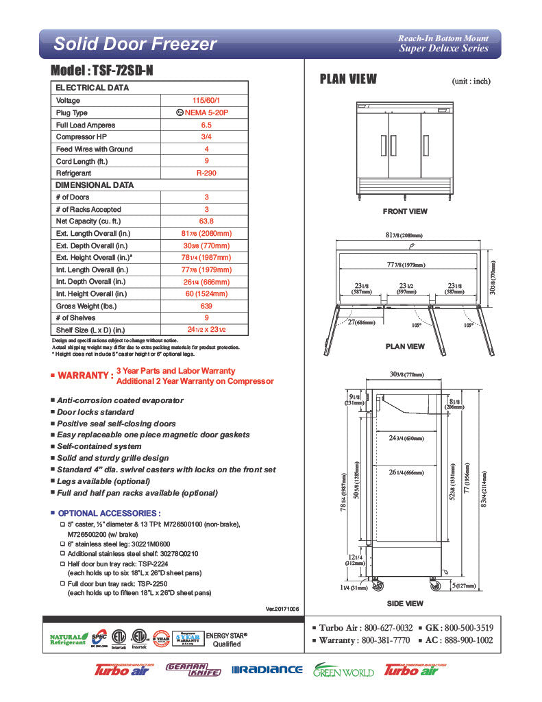 Turbo Air TSF-72SD-N Super Deluxe 82" Solid Door Reach-In Freezer with LED Lighting - Donut-Equipment.com