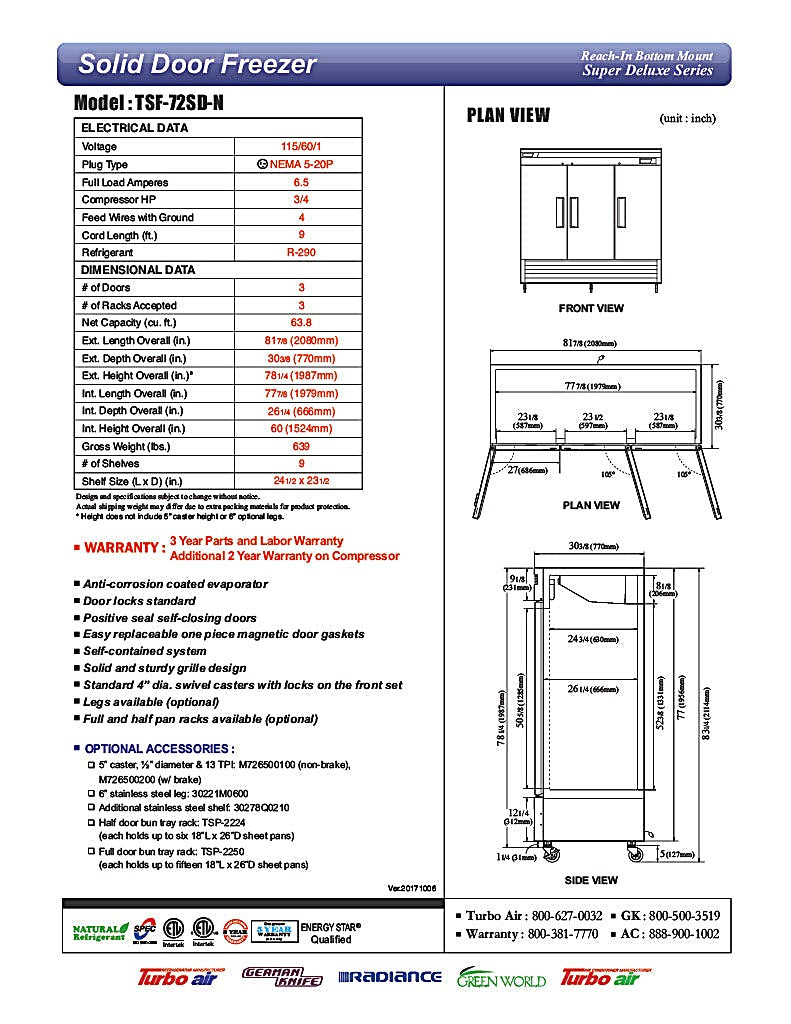 Turbo Air TSF-72SD-N Super Deluxe 82" Solid Door Reach-In Freezer with LED Lighting - Donut-Equipment.com
