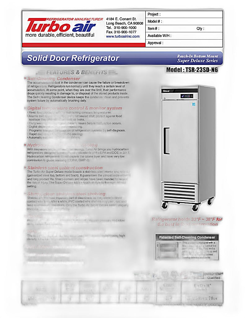 Turbo Air TSR-23SD-N6 Super Deluxe 27" Bottom Mounted Solid Door Reach-In Refrigerator with LED Lighting - Donut-Equipment.com