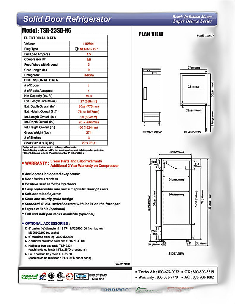 Turbo Air TSR-23SD-N6 Super Deluxe 27" Bottom Mounted Solid Door Reach-In Refrigerator with LED Lighting - Donut-Equipment.com