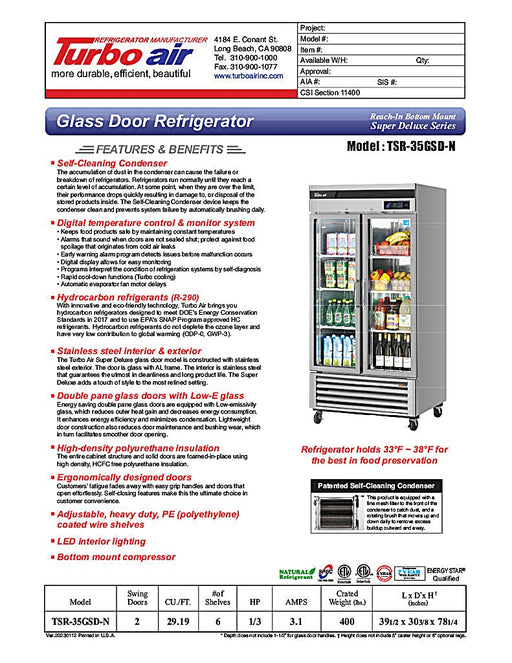 Turbo Air TSR-35GSD-N 39 1/2" Two Section Reach In Refrigerator, (2) Left/Right Hinge Glass Doors, 115v - Donut-Equipment.com