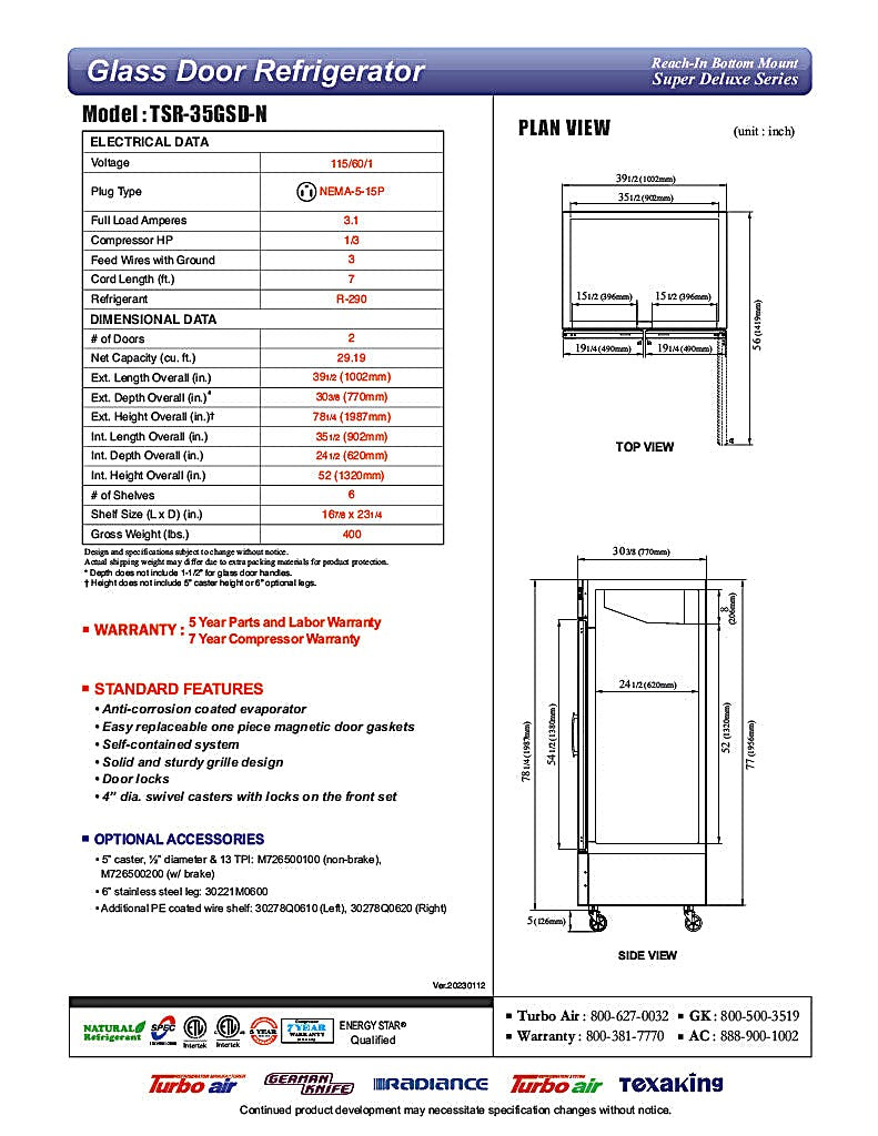 Turbo Air TSR-35GSD-N 39 1/2" Two Section Reach In Refrigerator, (2) Left/Right Hinge Glass Doors, 115v - Donut-Equipment.com