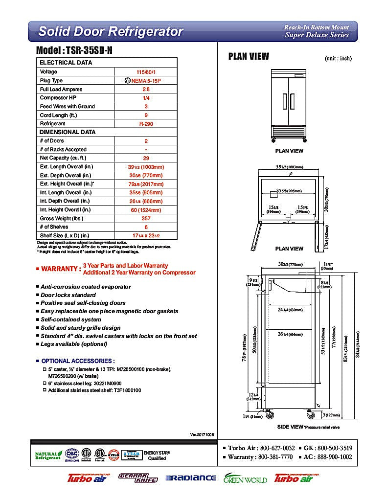 Turbo Air TSR-35SD-N Super Deluxe 40" Bottom Mounted Solid Door Reach-In Refrigerator with LED Lighting - Donut-Equipment.com