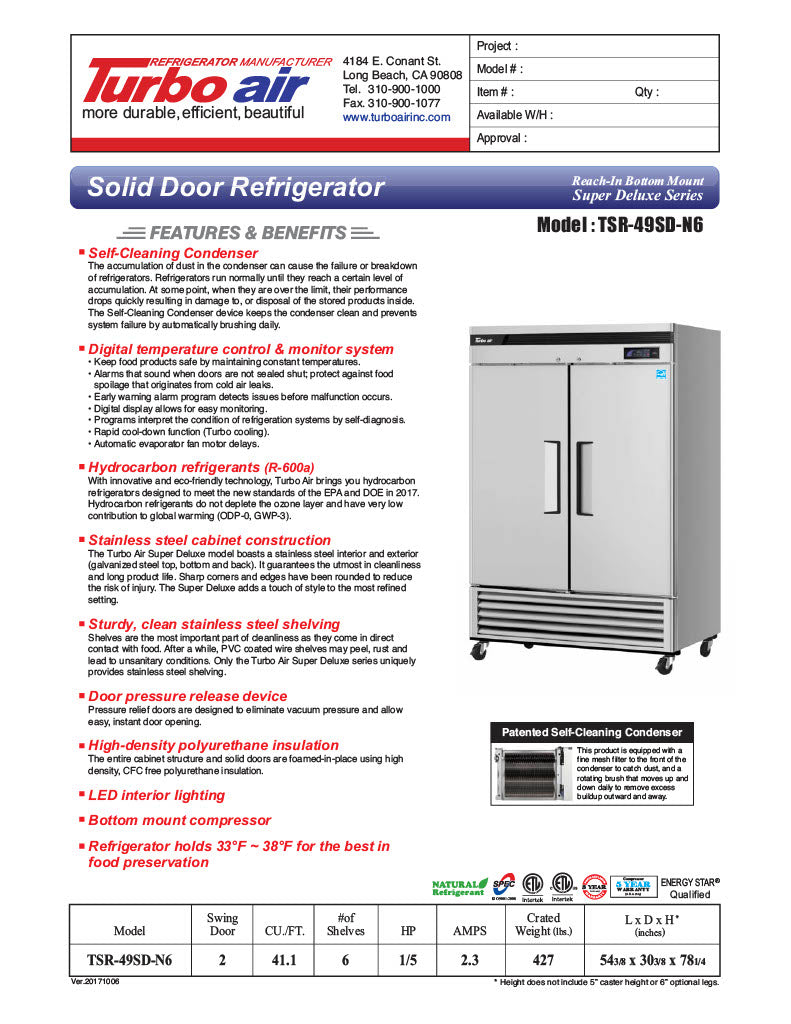 Turbo Air TSR-49SD-N6 Super Deluxe 54" Bottom Mounted Solid Door Reach-In Refrigerator with LED Lighting - Donut-Equipment.com